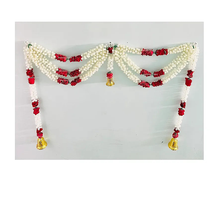 Artificial jasmine and roses Door Toran Triple line with Bells