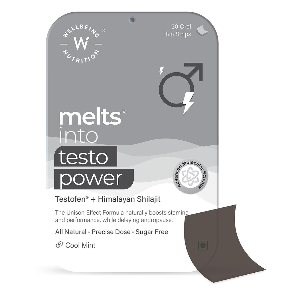 Wellbeing Nutrition meltsÂ® Testo Power | TestofenÂ®, Himalayan Shilajit, Ginkgo biloba | Plant-Based | Supports Healthy Testosterone Levels, Performance, Stamina & Energy | 30 Oral Strips