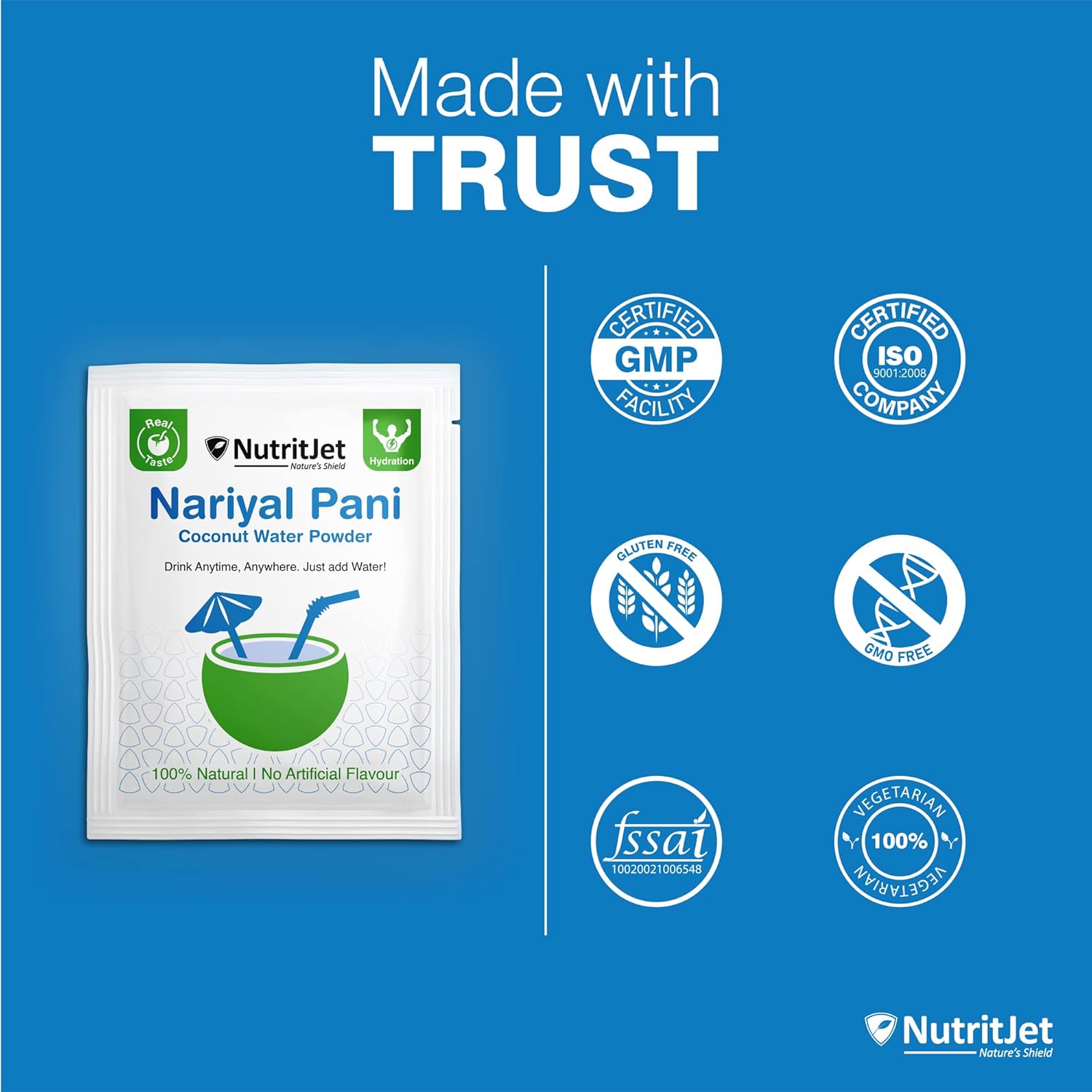NutritJet Natural Coconut Water Powder [Pack of 50 sachets] for Hydration and Energy Natural Tender Coconut Water Powder