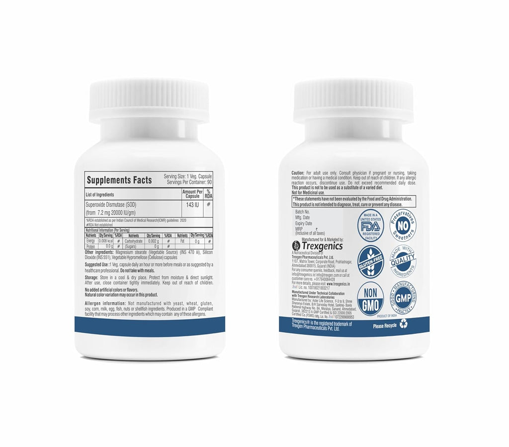 Trexgenics SUPEROXIDE DISMUTASE - SOD 143 IU Antioxidant, Immunity, Healthy Aging, Free radical scavenger (90 Veg Capsules)