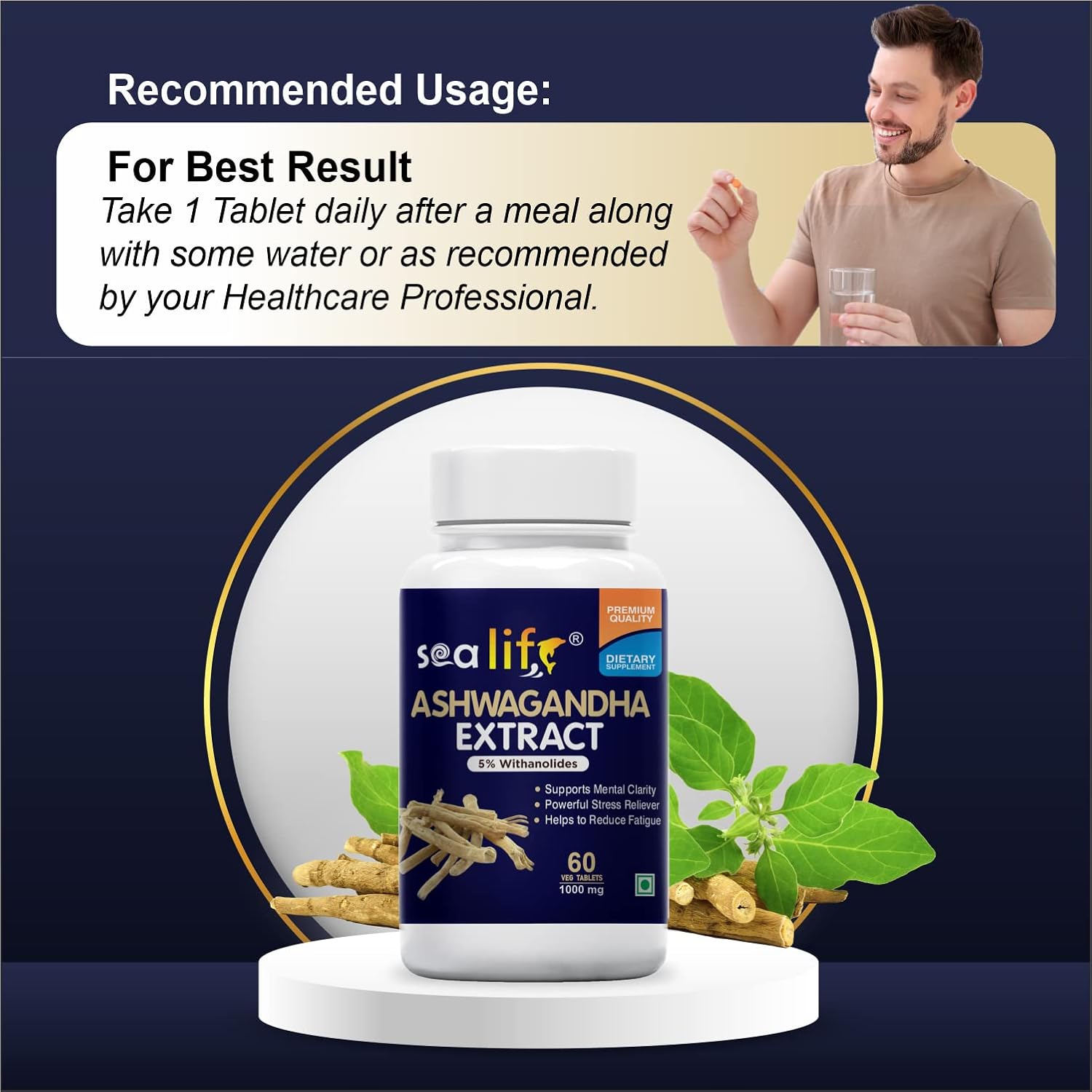 Sea Life Ashwagandha Extract (60 Tablets) 100% Natural Ashwagandha | Stress Relief | Help to Reduced fatigue | Immunity Booster