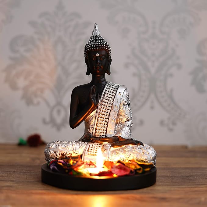Ecraftindia Black & Silver Polyresin Meditating Blessing Lord Buddha Statue With Wooden Base | Tealight Candle Holder for Home