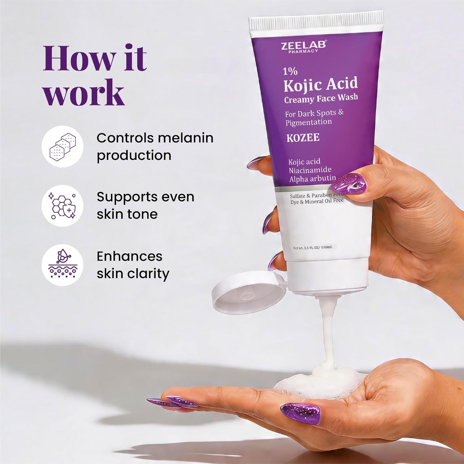 Zeelab Kozee Kojic Acid 1% Face Wash for Dark Spots & Uneven Skin Tone | With Alpha Arbutin, Niacinamide & Vitamin E | Gentle Brightening & Cleansing Face Wash | Suitable for All Skin Types | 100ml
