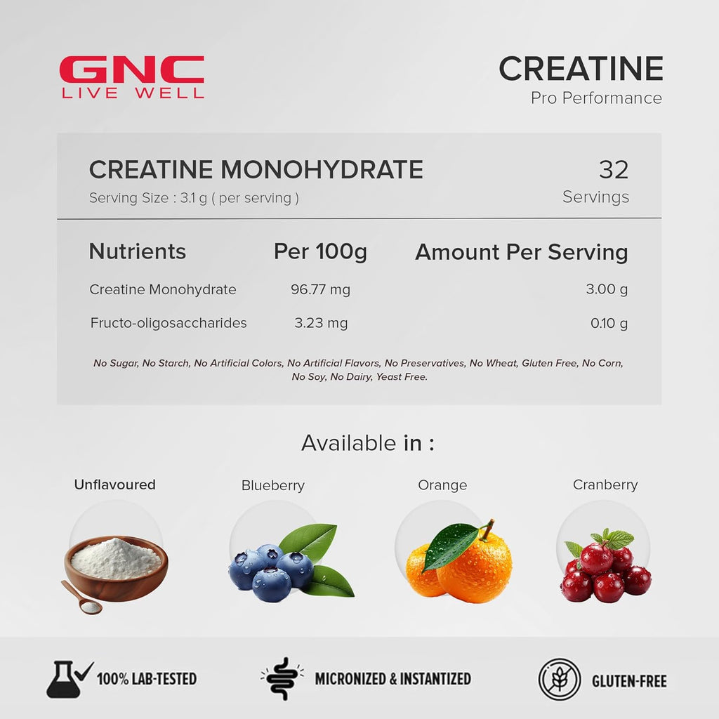 GNC Pro Performance Creatine Monohydrate - 3000mg Creatine Per Scoop | Micronized for Faster Absorption | Boosts Energy, Muscle Volume & Performance | Gluten-Free | Unflavored | 100gm