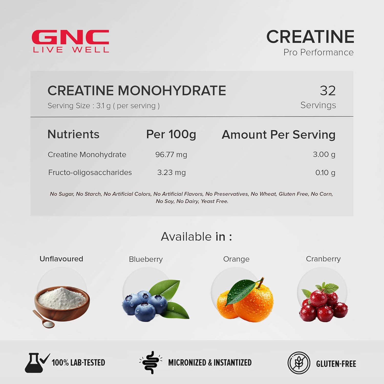 GNC Pro Performance Creatine Monohydrate - 3000mg Creatine Per Scoop | Micronized for Faster Absorption | Boosts Energy, Muscle Volume & Performance | Gluten-Free | Unflavored | 100gm