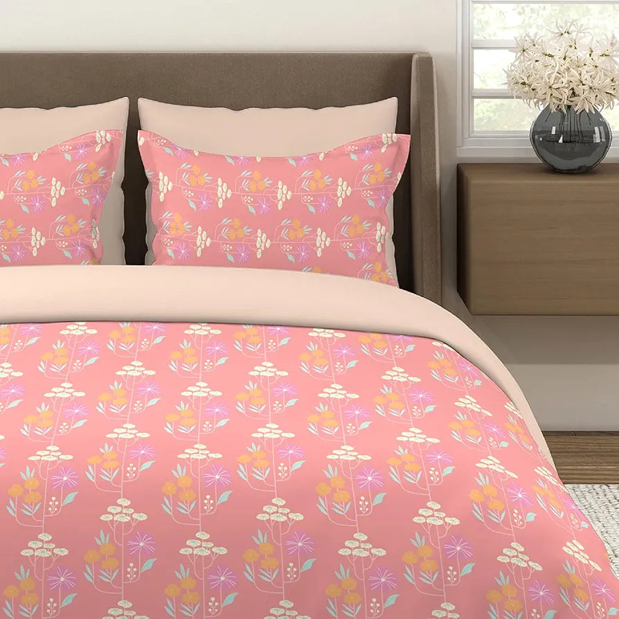 Layers Tivoli Cotton Bedsheet Set for All Seasons Lightweight 104 TC Queen Size Beige/Blue Color