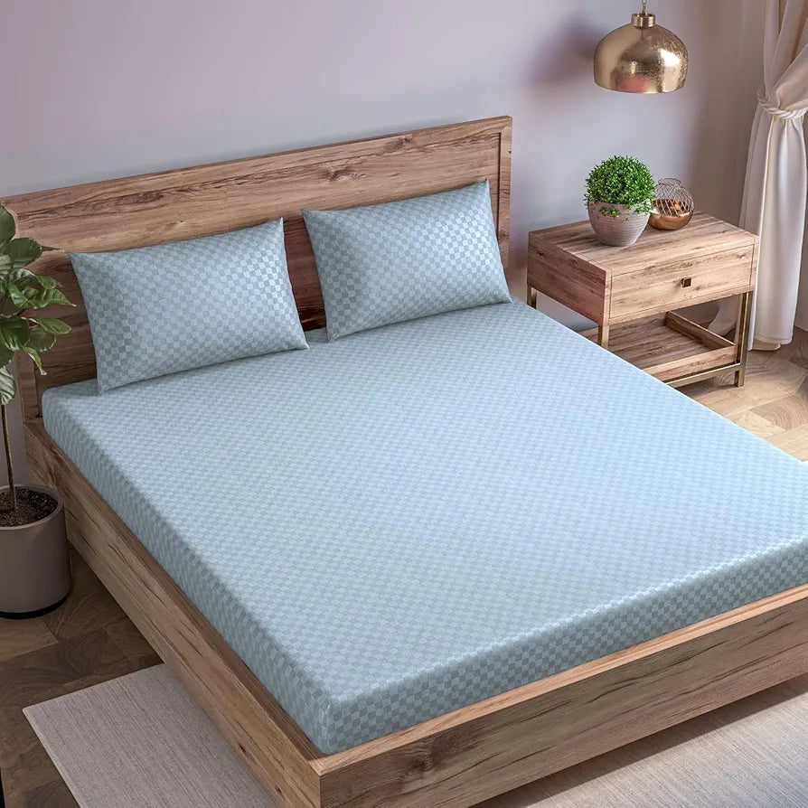 Trance Home Linen 100% Cotton Premium Jacquard Weave Fitted Bedsheet for Queen Size Bed with 2 Pillow Cover Skin Friendly 300TC Colour Slate Blue