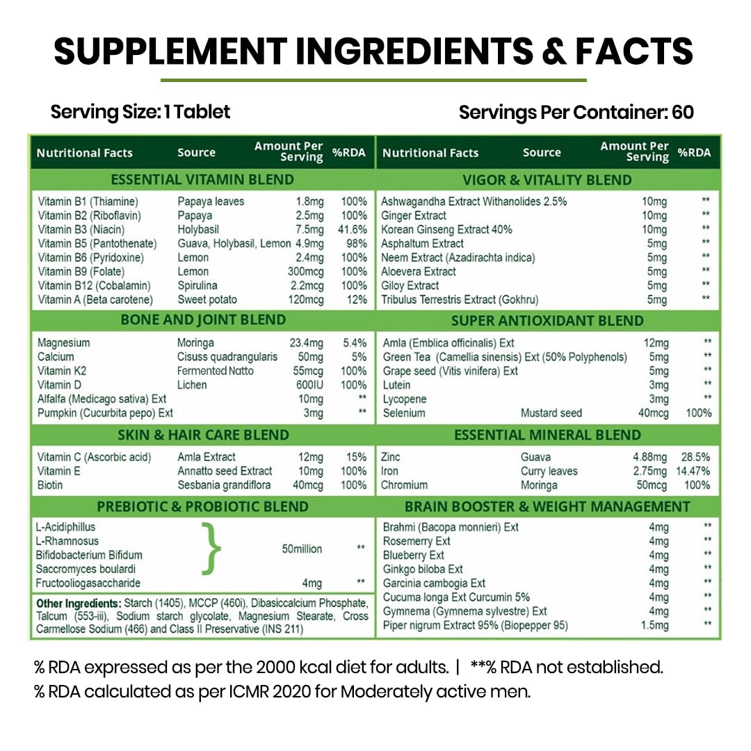 Vladoâ€™s Himalayan Organics Multivitamin Tablets for Men & women With Probiotics - 60+ Ingredients multi Vitamins Supplement For Men And Women | VItamin B1,B2,B3,B5,B6B9,B12,C,E,A,K2,D Magneisum with 5B CFU Probiotic Blends 60 Veg Tablets