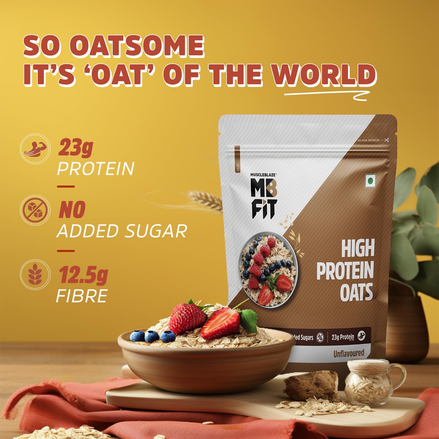 MuscleBlaze Fit High Protein Oats (Unflavoured, 1kg) | 23g Protein | Breakfast Cereals for Weight Management