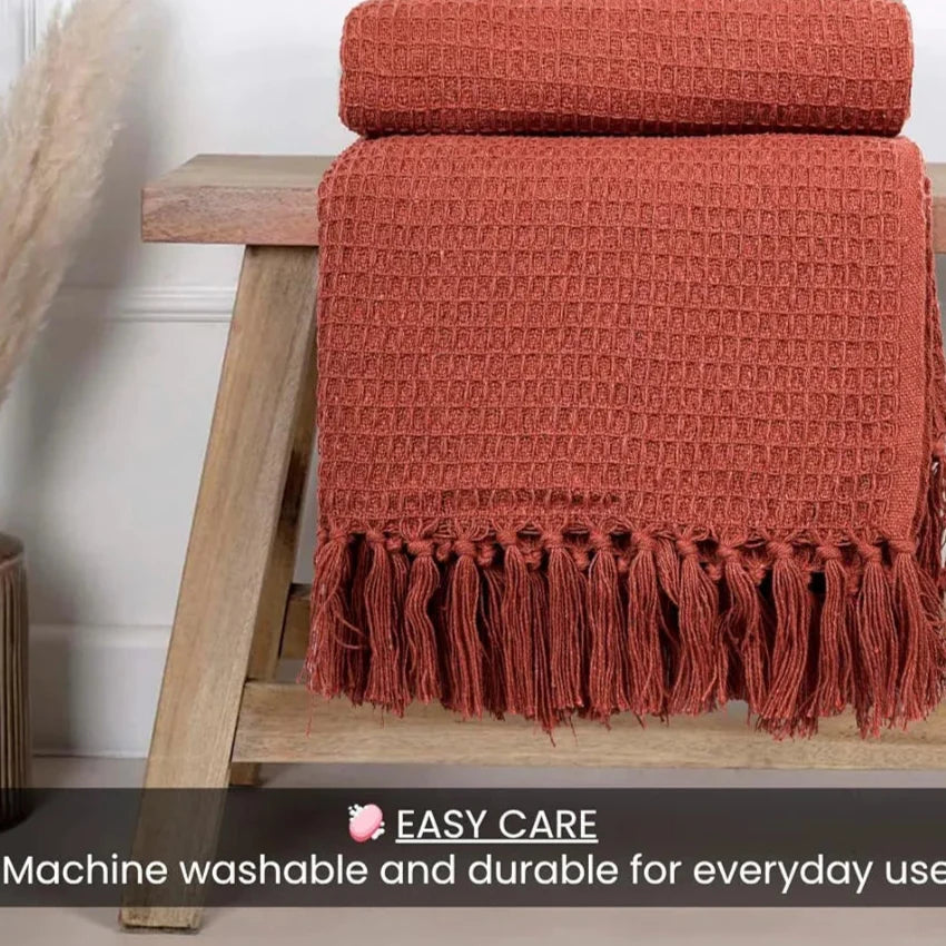 Homadorn Waffle Weave Cotton Throw Blanket Colour Rust