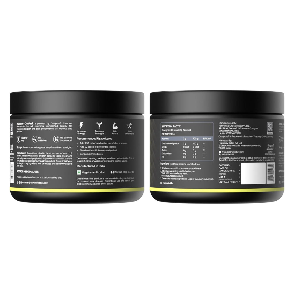Nutrabay CreaPeak Creatine Monohydrate - 100g, Unflavoured | Powered by Creapure from AlzChem, Germany | 99.9% Pure Micronized Form for Faster Absorption