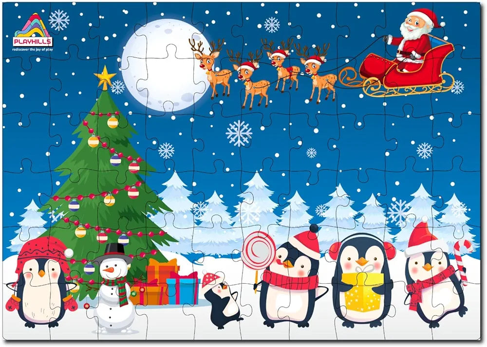 Playhills Wooden Puzzle Happy Penguin Family Celebrating Christmas 60 Puzzle Pieces Ideal Christmas Gift for Kids 3,4,5,6,7 Years
