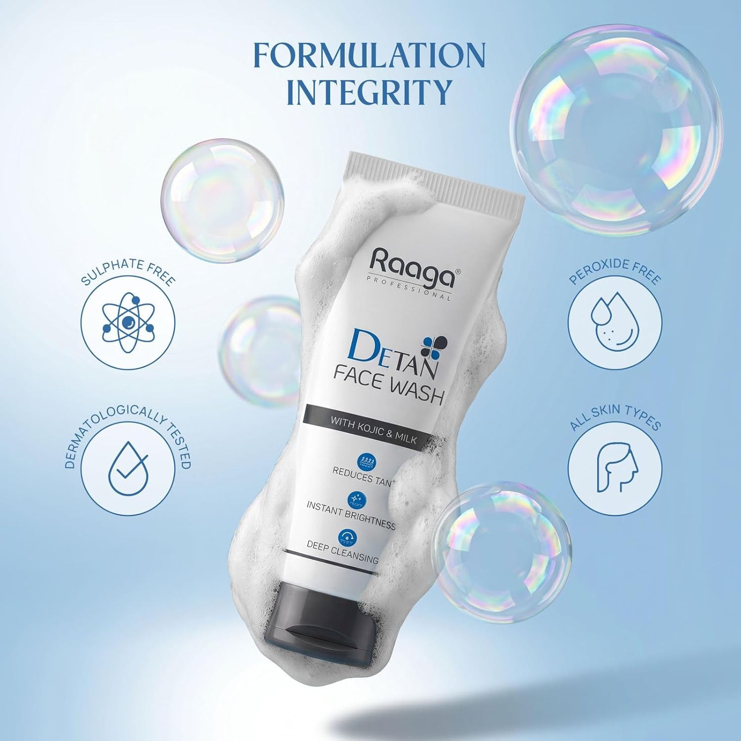 Raaga Professional De-Tan Face Wash with Kojic Acid & Milk | Reduces Tan | Instant Brightness | Deep Cleansing | For All Skin Types | 100 ml