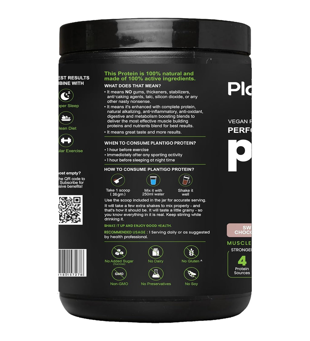 Plantigo Clean Protein Powder Men & Women | 24g Plant Protein, 4.4g BCAA, 2g Leucine, 4g Fiber | No Sugar, No Dairy, No Preservatives | 4x Fast Digest, Stress & Muscle Recovery | Swiss Chocolate 500g