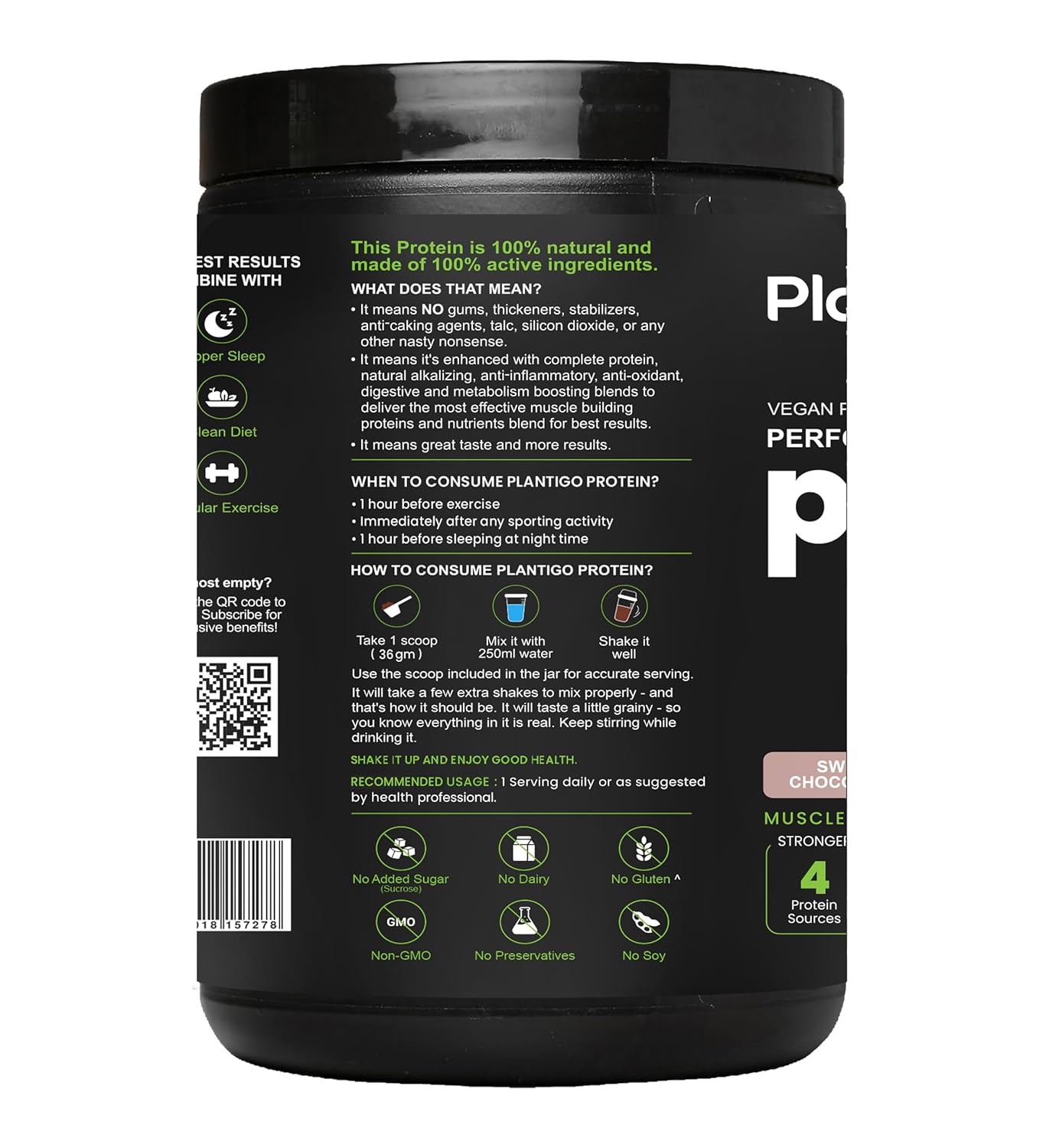 Plantigo Clean Protein Powder Men & Women | 24g Plant Protein, 4.4g BCAA, 2g Leucine, 4g Fiber | No Sugar, No Dairy, No Preservatives | 4x Fast Digest, Stress & Muscle Recovery | Swiss Chocolate 500g