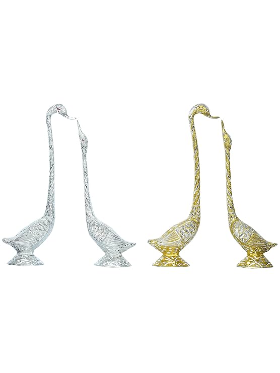Ecraftindia Set of Two 16.5 Inch Silver Kissing Swan Couple Handcrafted Decorative Figurine