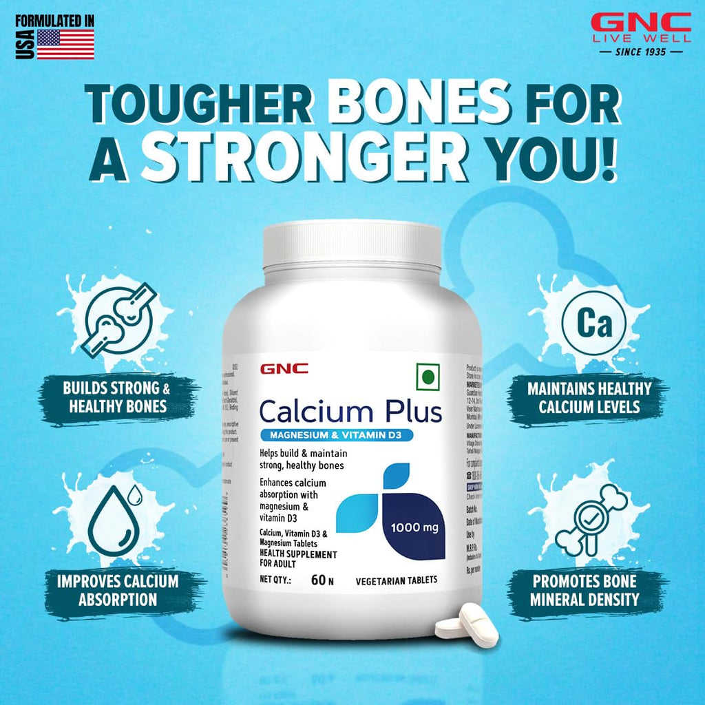 GNC Calcium Plus With Magnesium & Vitamin D3 | 60 Tablets | Strengthens Bones | Supports Strong Teeth | Promotes Healthy Muscle Contraction | Formulated in USA | 1000mg Per Serving