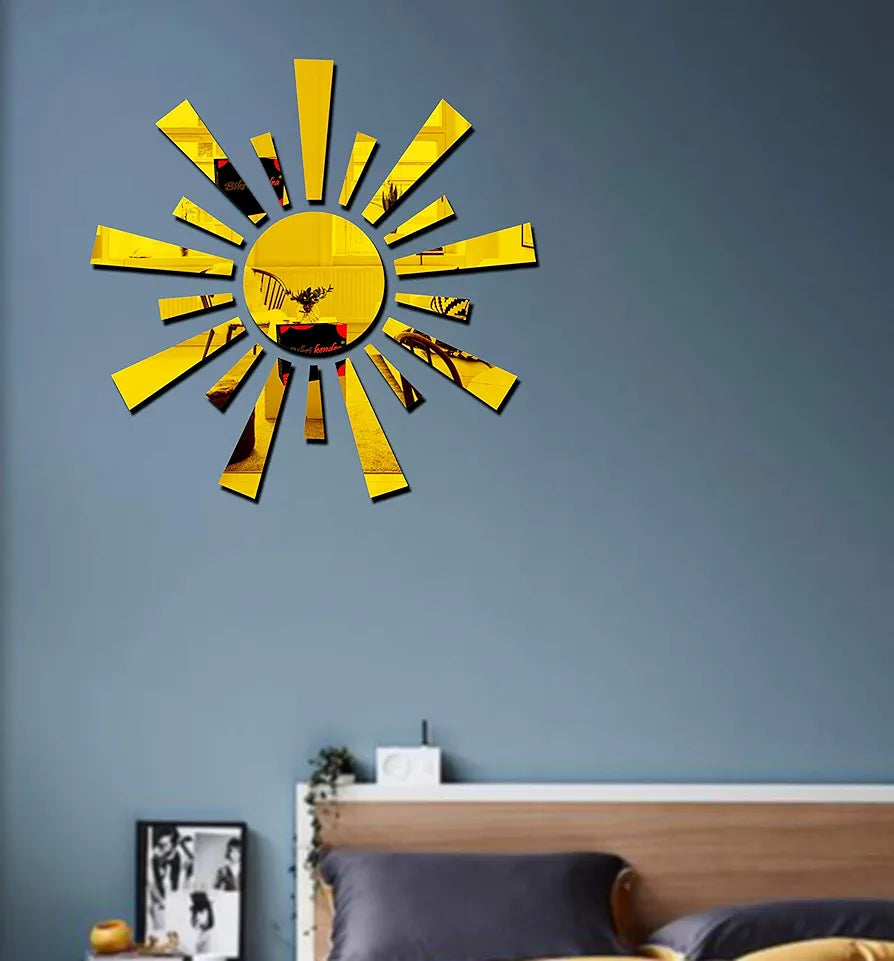 Bikri Kendra Sun Golden Model-8 Mirror Stickers for Wall, Acrylic Mirror Wall Decor Sticker