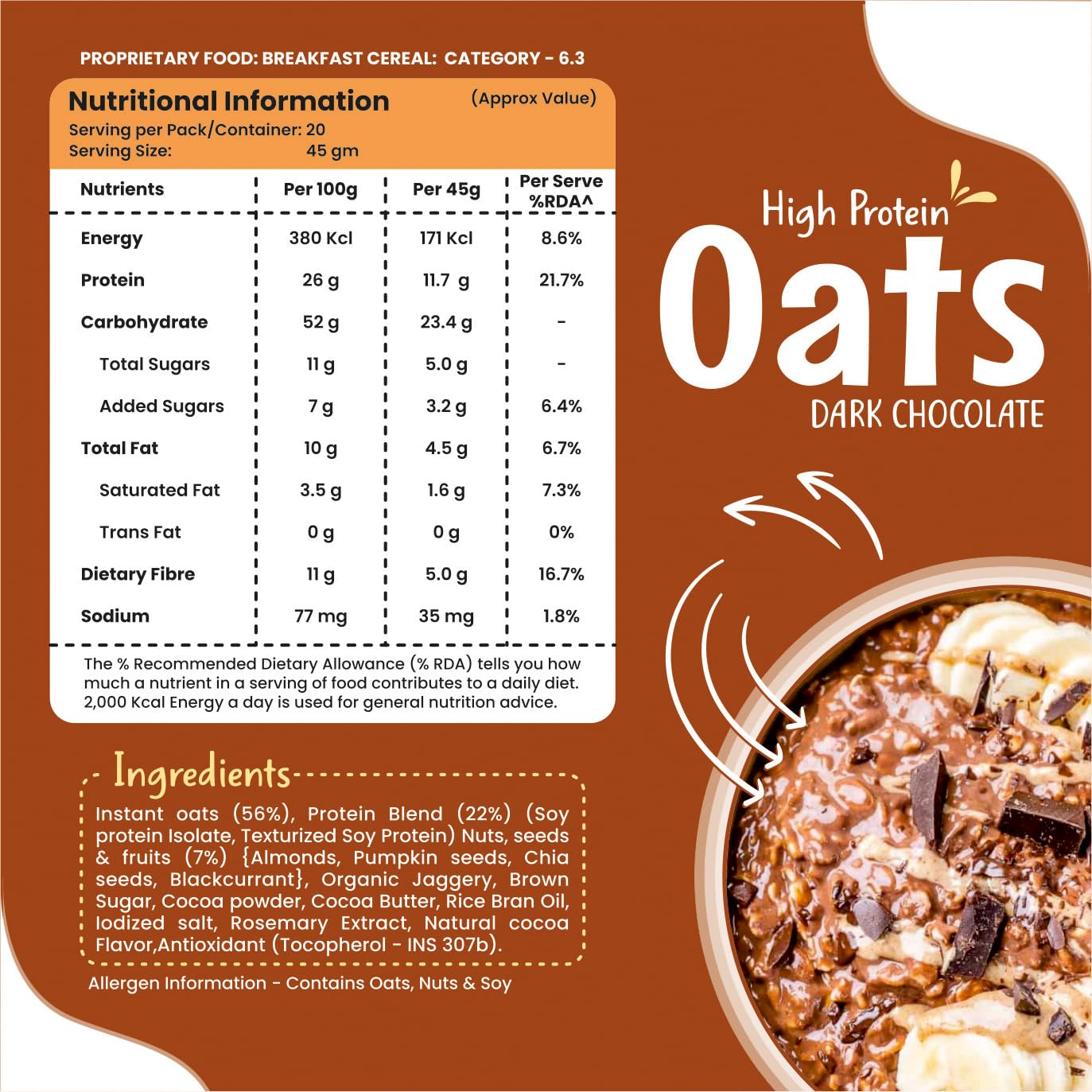 Health Ninja Dark Chocolate Oats | High Protein Breakfast Oats | Protein Oats 900 gm Pack