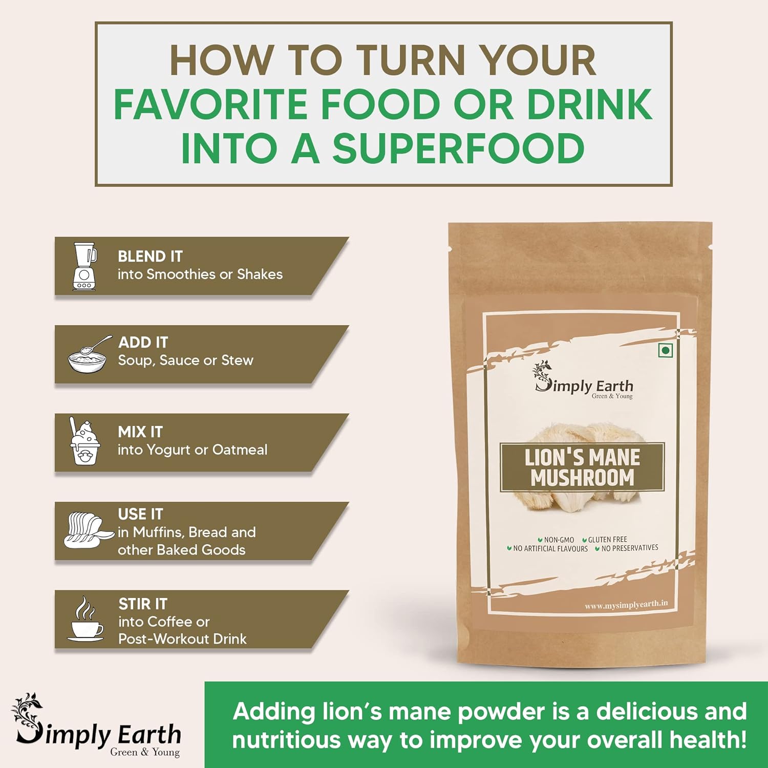 Simply earth Lion's Mane Mushroom Extract Powder 10:1, Improves Memory, Focus, Clarity | 60gm