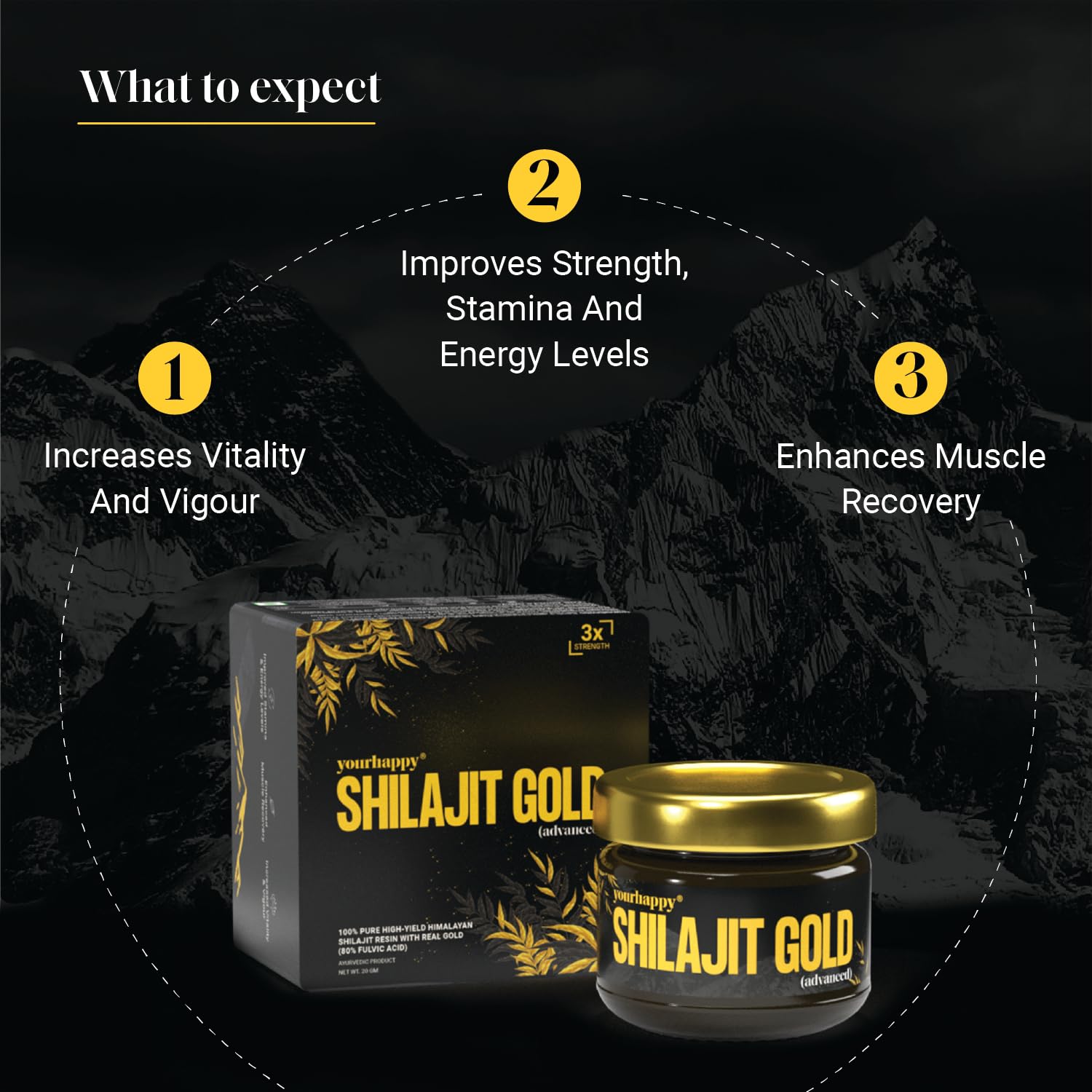 YourHappyLife Triple Strength Shilajit Gold Resin with over 80 minerals and 80% fulvic acid for enhanced strength, improved muscle recovery, vitality, and immunity (Pack of 1, 20 Grams)