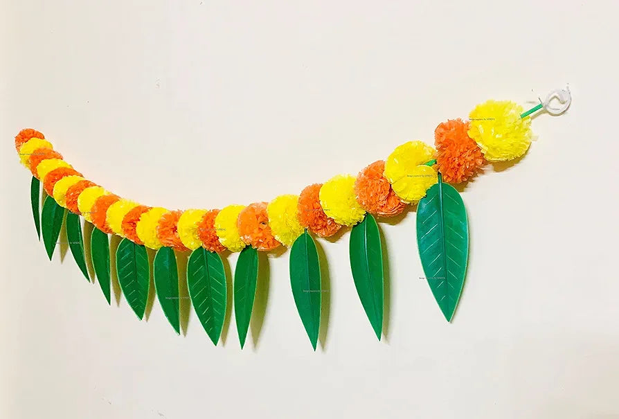 Artificial Fluffy Marigold and Mango Leaves Simple Door-Window Toran  yellow and dark orange
