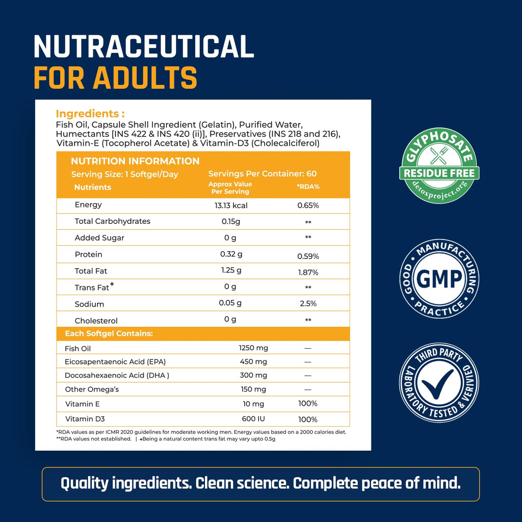 NATURALTEIN Ultimate Omega-3 plus Fish Oil 1250mg Triple Strength Softgel Capsules with vitamin D3 and E | 450mg EPA & 300mg DHA in Triglyceride Form for Better Absorption | Heart, Brain, Eye | 60 Softgel Capsules | 60-Day Supply