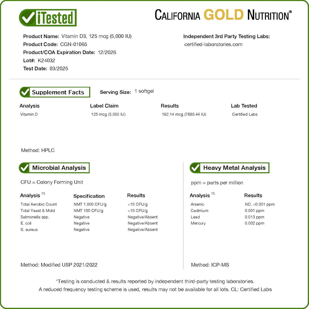 California Gold Nutrition Vitamin D3 Supplement Support for Healthy Bones & Teeth - Immune System Support - Gluten Free, Non-GMO - 125 mcg (5,000 IU) - 90 Fish Gelatin Softgels