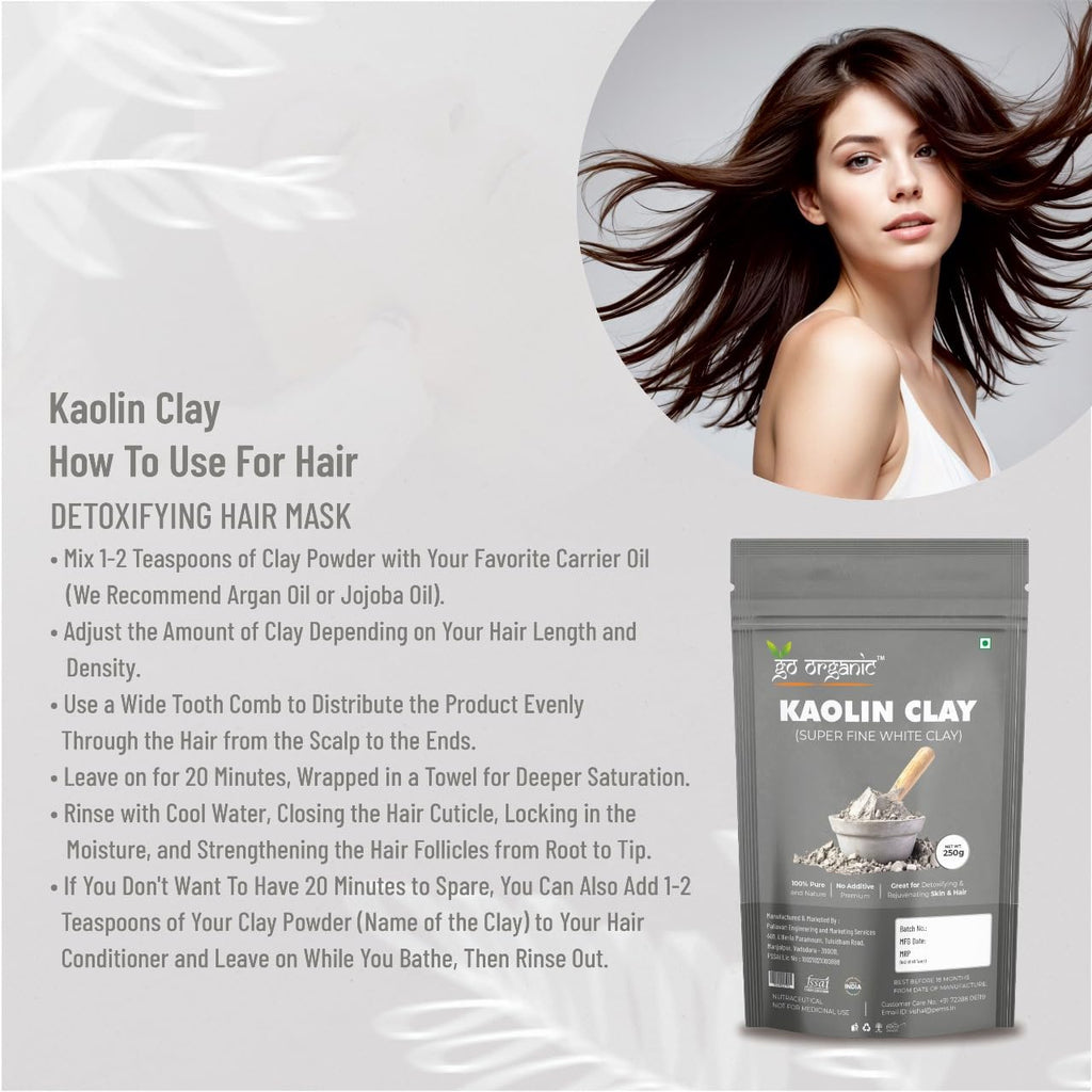 Go Organic White Kaolin Clay Powder for Skin Face Mask, 250g, Natural Ingredients, Gentle Exfoliation, Deep Cleansing,China clay | White Clay | Vegan and Organic | Paraben free | Reduces Acne, De Tan & Blackheads | Fack Pack | Hair Pack |