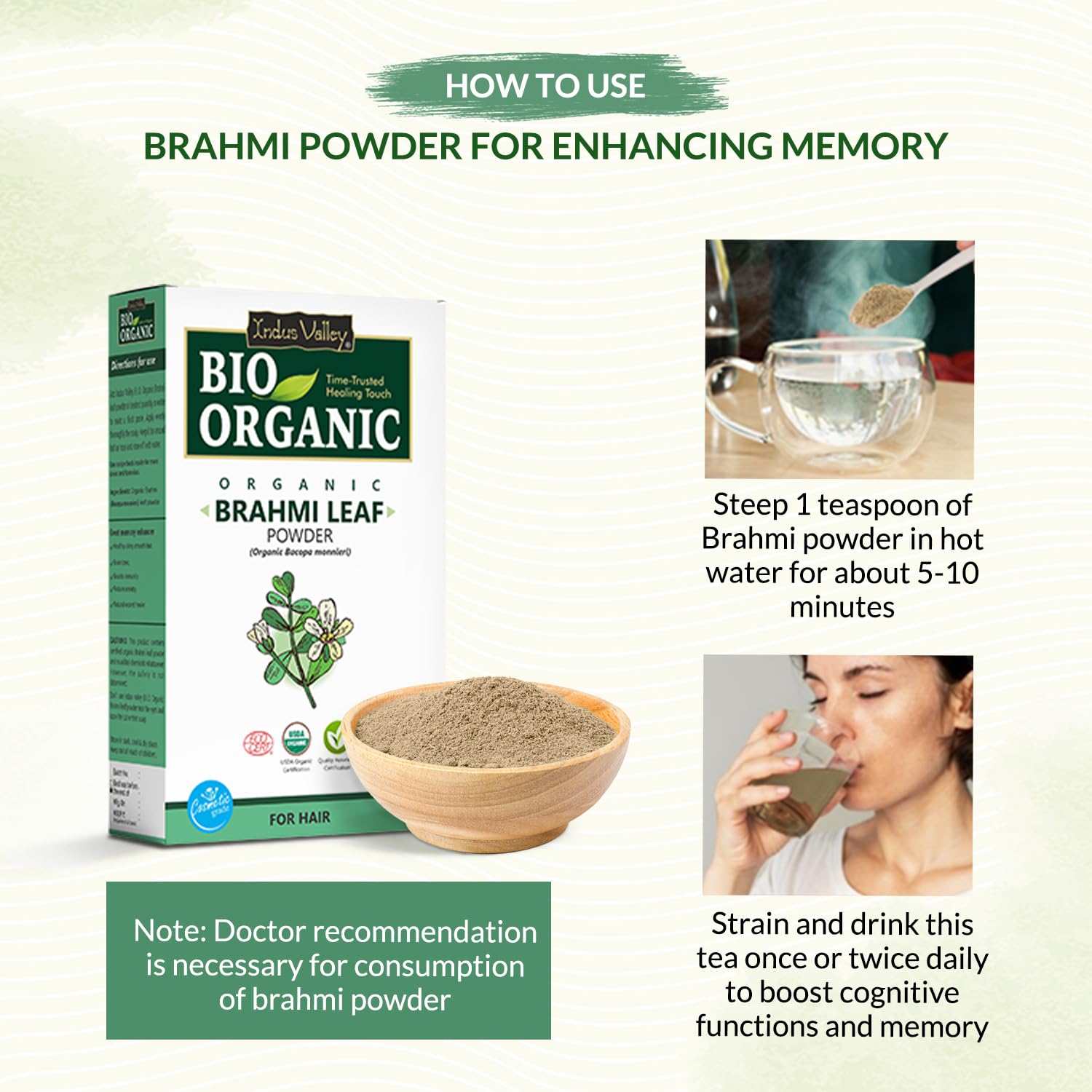 INDUS VALLEY Brahmi Leaf Powder 100g | Natural Ayurvedic Herb for Brain Health, Memory, Focus & Hair Care | Pure Bacopa Monnieri Supplement