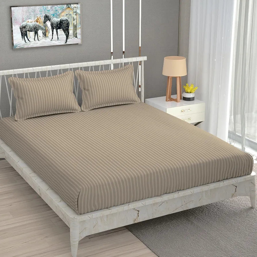 Homefab India 160 TC Stripe Cotton Feel Glace Cotton Elastic Fitted King Size Double Bed Bedsheet with 2 Pillow Covers Fits Upto 6 inches Mattress Beige