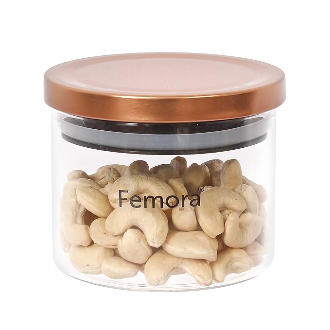 Femora Borosilicate Glass Jar With Golden Metallic Lid | Jars for Kitchen Storage | 300 Ml | Set of 2