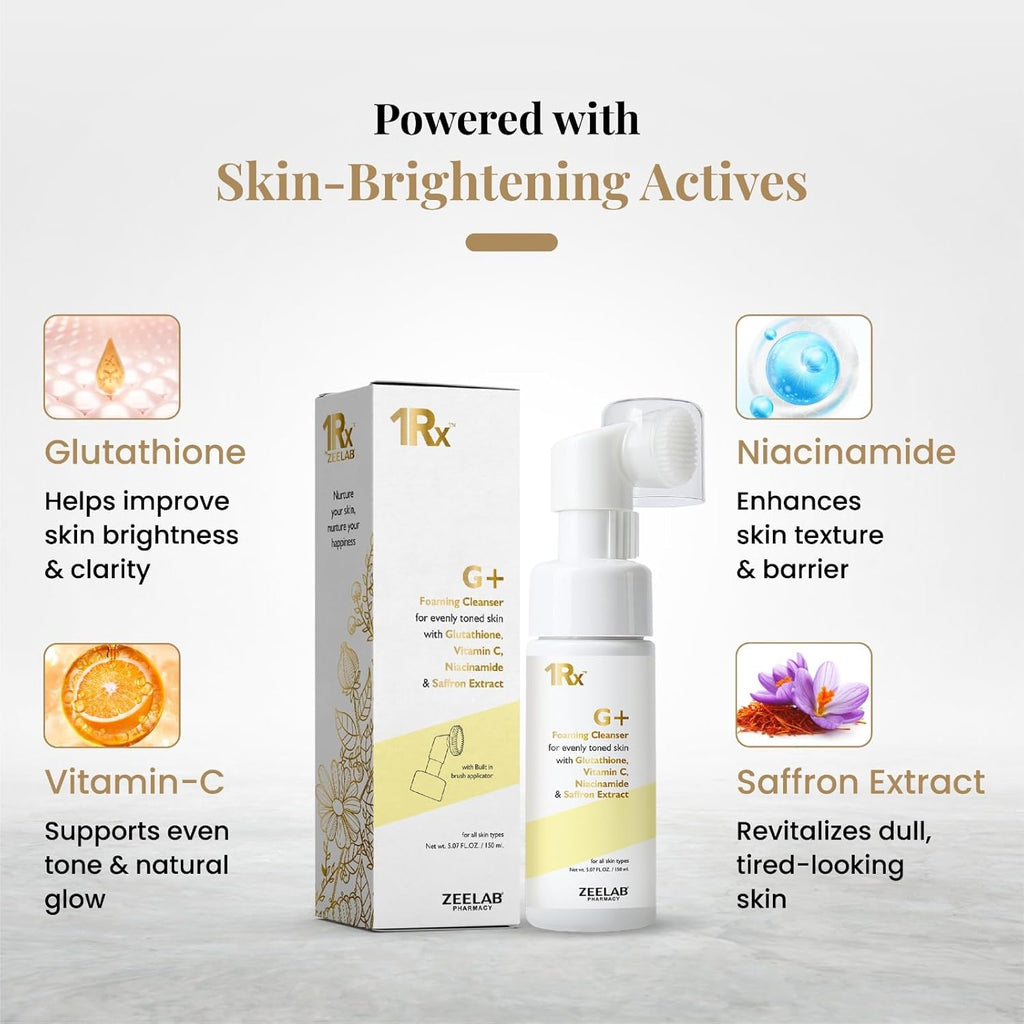 Zeelab G+ Foaming Cleanser with Glutathione, Vitamin C & Niacinamide | Brightening Face Wash with Saffron Extract | Helps Reduce Pigmentation & Dark Spots | Gentle Daily Cleanser for All Skin Types 150ml