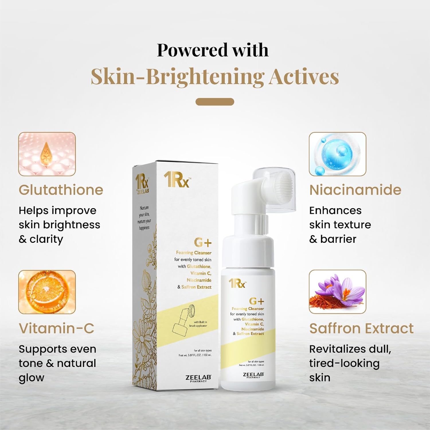 Zeelab G+ Foaming Cleanser with Glutathione, Vitamin C & Niacinamide | Brightening Face Wash with Saffron Extract | Helps Reduce Pigmentation & Dark Spots | Gentle Daily Cleanser for All Skin Types 150ml
