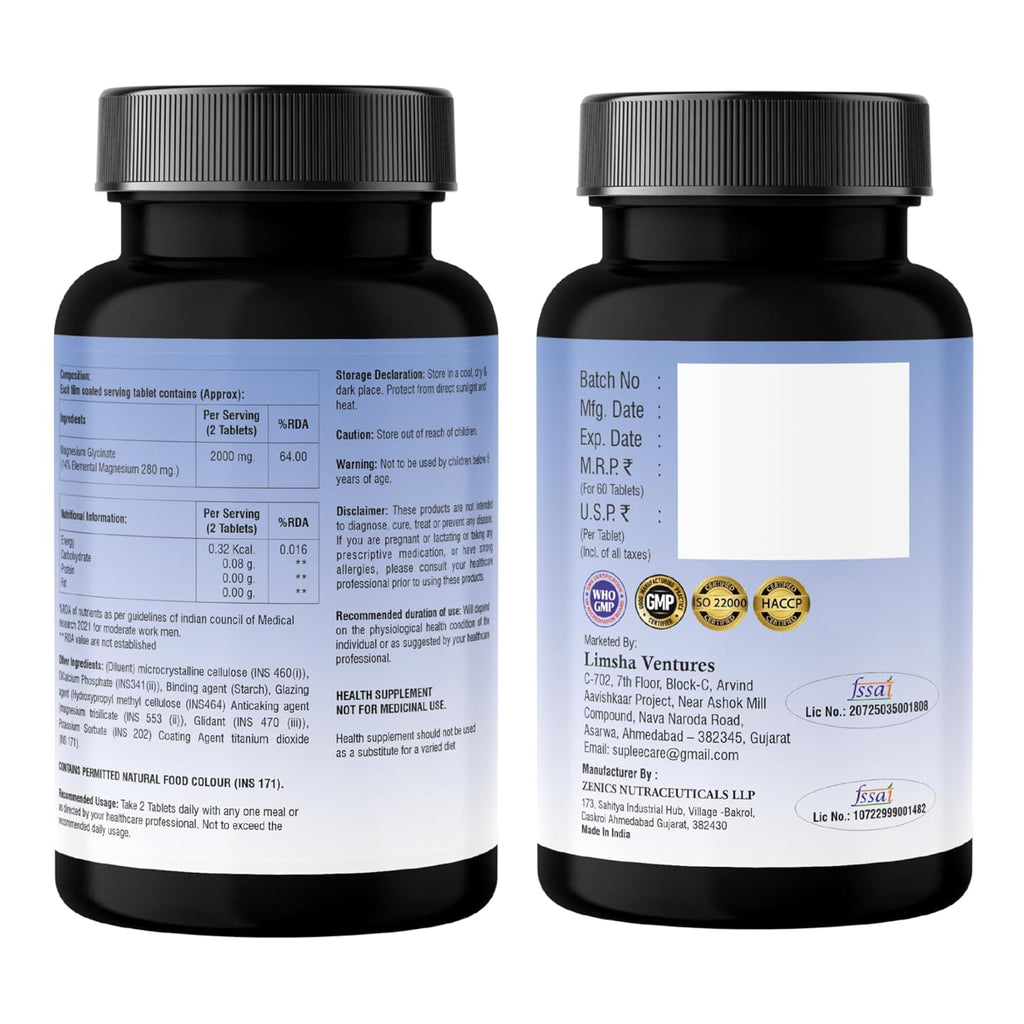 Suplee Magnesium Glycinate 2000mg per Serving | Fully Chelated Non-Buffered Bisglycinate (282mg Elemental Yield) | Supports Deep Sleep, Muscle Recovery & Heart Health | Gentle on Stomach | 60 Vegetarian Tablets