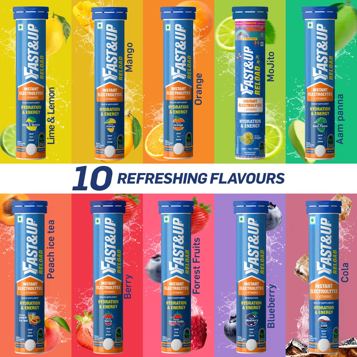 Fast&Up Reload (5 Litres) Low Sugar energy drink for Instant Hydration - 20 Effervescent Tablets with all 5 Essential Electrolytes + Added Vitamins - Certified Electrolytes Drink - Orange flavour