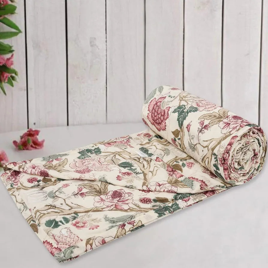 Trance Home Linen 100% Cotton Reversible Dohar Double Bed Size Jaipuri Printed Artisan Block Design Blanket Soft Lightweight Colour Malhaar Red