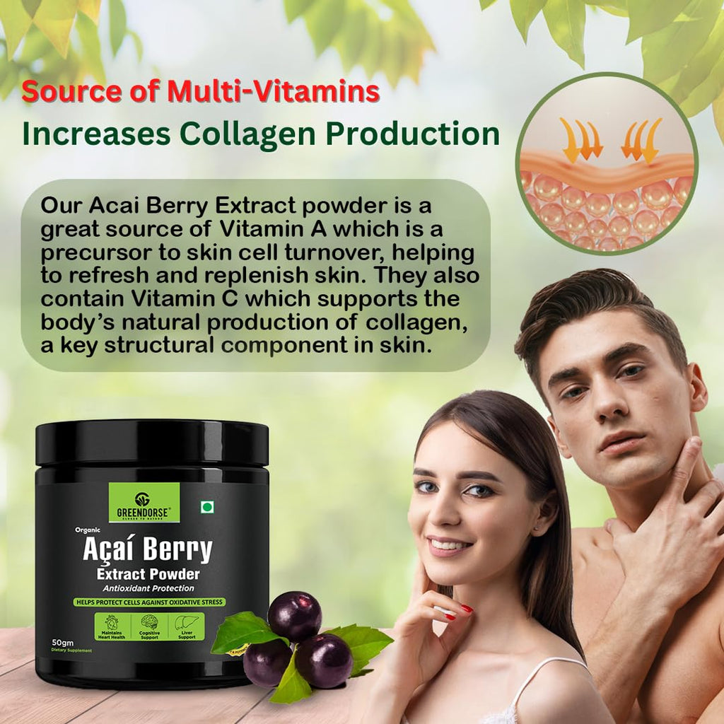 GREENDORSE Acai Berry Extract Powder, 10x Concentrated | SUPERFOOD Rich in 19 amino acids, Muscle building Fibres, Antioxidant & Collagen boosting Vitamin C | Supports Brain, Liver & Heart Functioning- 50g