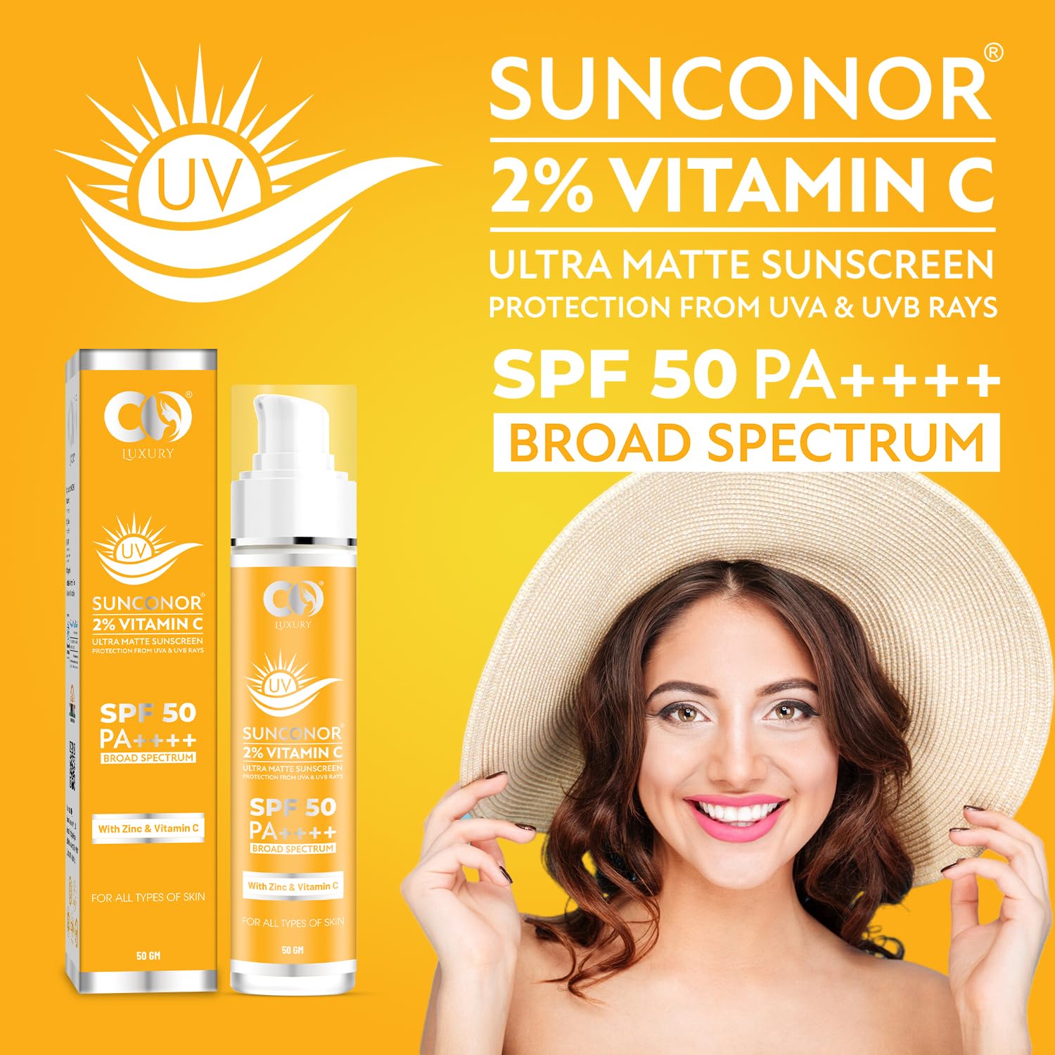 CO LUXURY 2% Vitamin C Sunscreen SPF 50 PA+++ | Water Resistant & Non-Greasy, Broad Spectrum Sunblock with Vitamin C, Zinc Oxide & Glycerine | Matte Finish, UVA/B Sun Protection for Women & Men | 50 gm