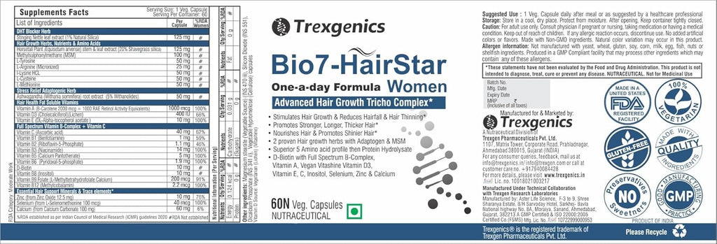 Trexgenics BIO7-HAIRSTAR WOMEN Advanced Hair Support Tricho Complex, ONE-A-DAY Vegatarian, Gluten Free(60 Veg. Capsules) (Pack of 1)