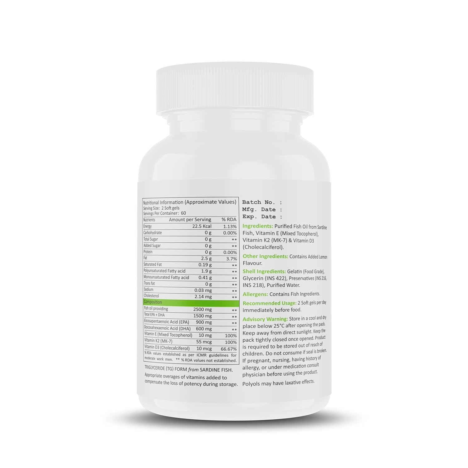 Muscle Nectar Omega 3 Fish Oil Triple Strength, 2500mg (1500mg EPA/DHA), Triglyceride (TG) Form (120 Softgels)
