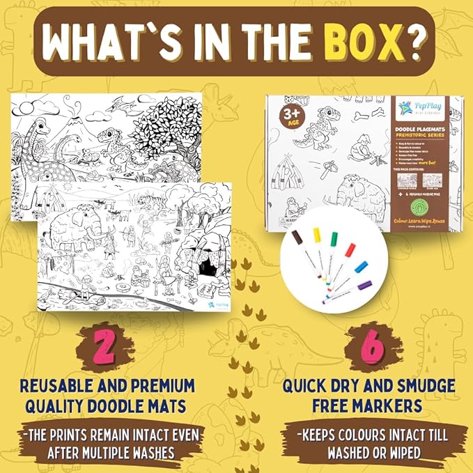 PepPlay Prehistoric Series Mat Doodle Sheets with 6 Smudge Free Washable & Quick Dry Marker Pens