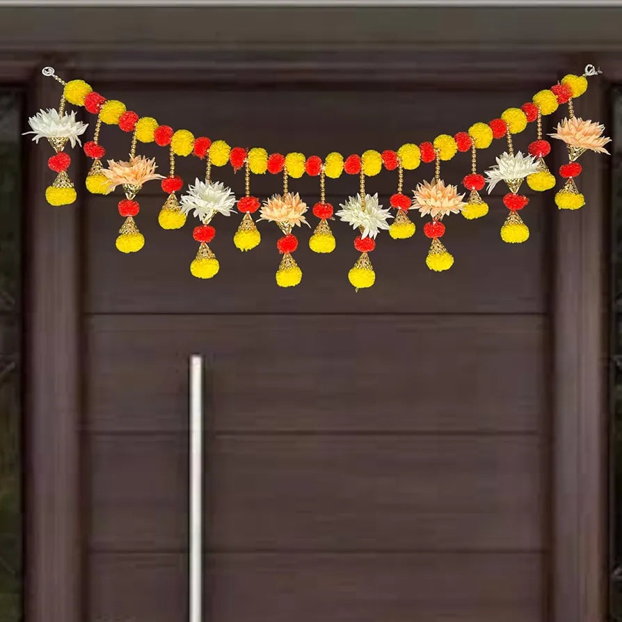Handcrafted Decorative Bandanwar with Marigold Artificial Flowers Bells & Beads 40x9 Inches