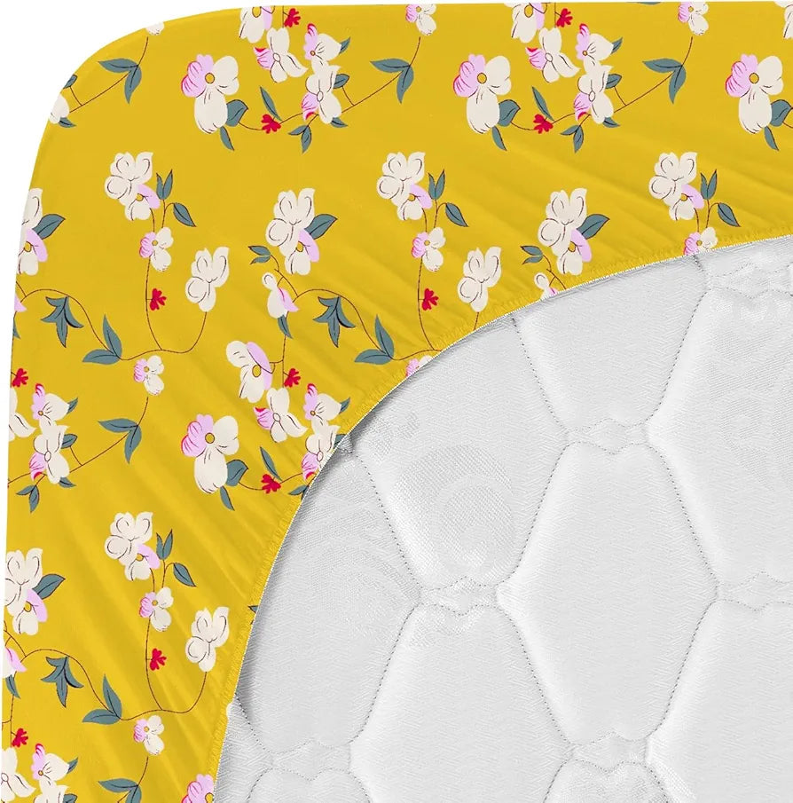 Homekart Premium Cotton Elastic Fitted Bedsheets with 2 King Size Pillow Covers Double Bed Flower Print Yellow and Green 200 tc - 220 tc