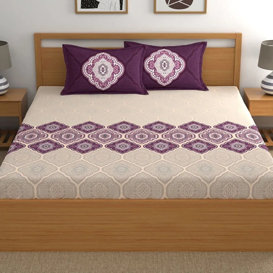 Dreamscape 140 TC Cotton Double Printed Bedsheet with 2 Pillow Covers Grape Purple