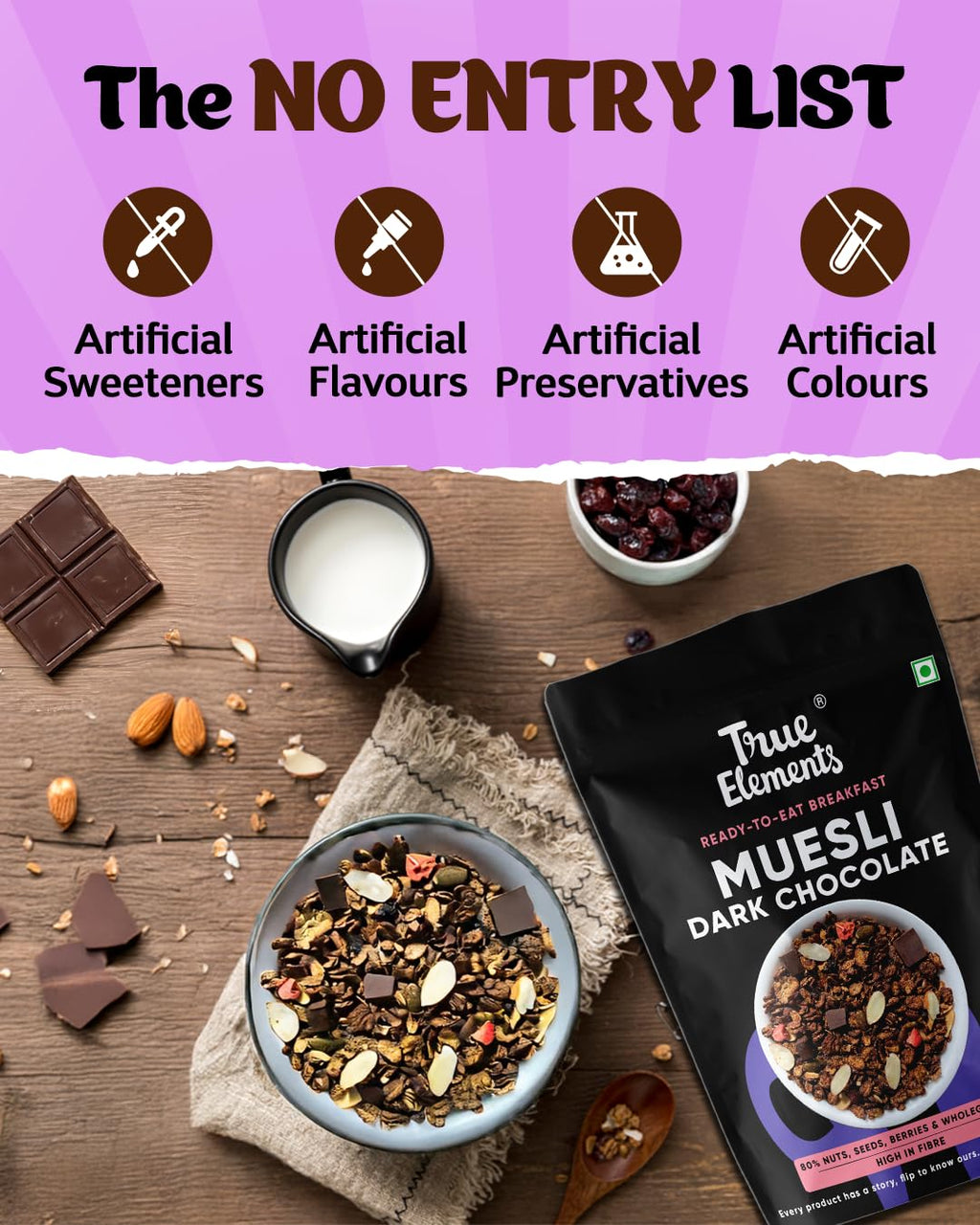 True Elements Dark Chocolate Muesli 1kg | Nuts & Berries Muesli | 13g Clean Protein | 13% Millet | Cereal for Breakfast | Gluten Free Breakfast