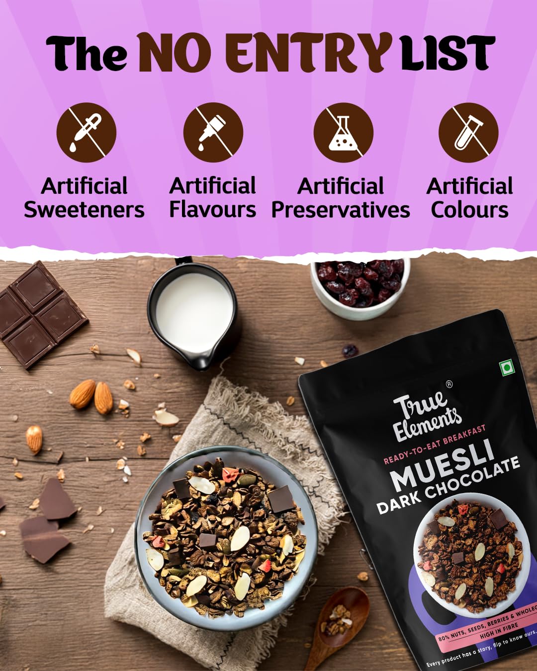 True Elements Dark Chocolate Muesli 1kg | Nuts & Berries Muesli | 13g Clean Protein | 13% Millet | Cereal for Breakfast | Gluten Free Breakfast