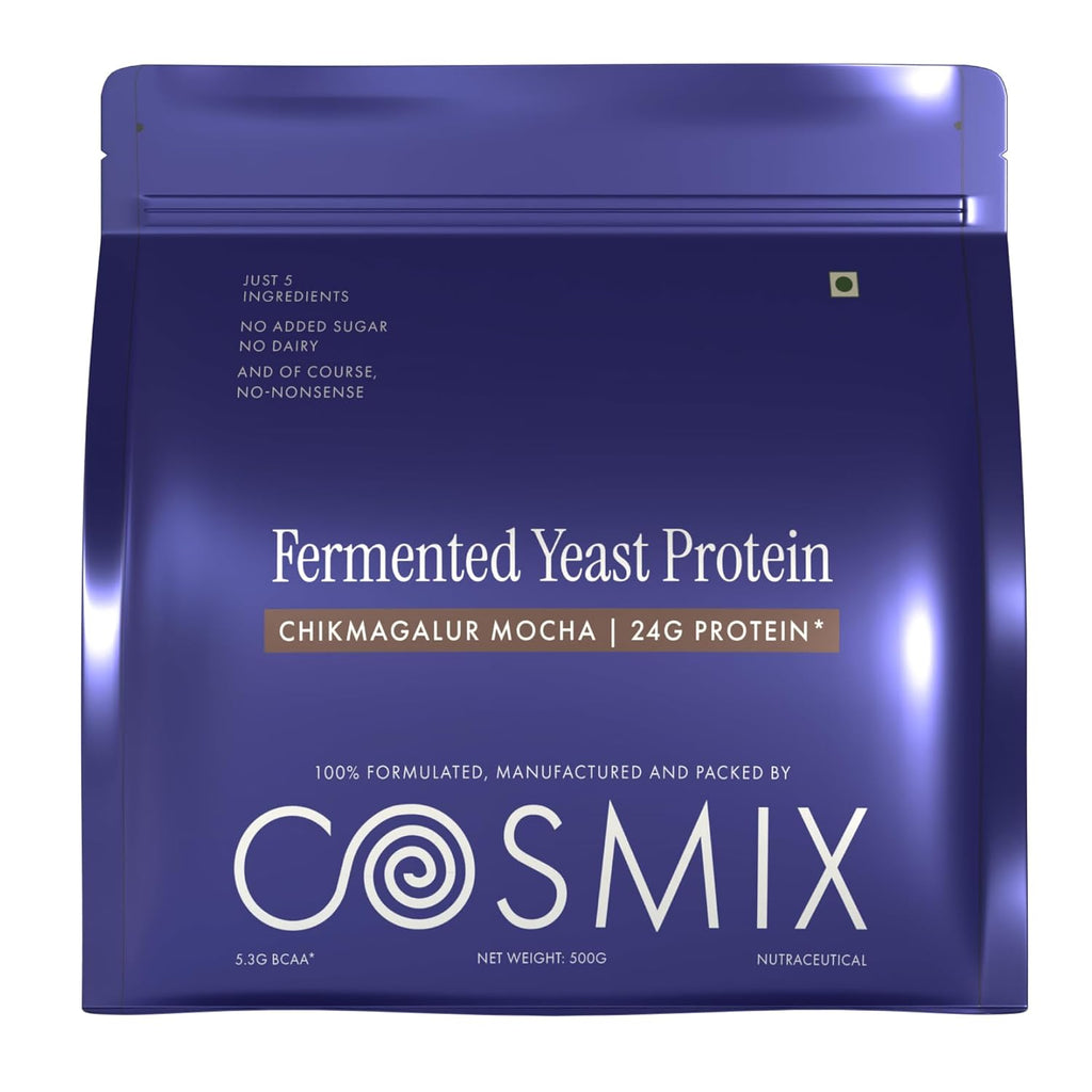 Cosmix Fermented Yeast Protein Powder | 24g Protein | Pure Single-Source Plant Protein | Made In-House | Smooth, Crazy tasty & Gut-Friendly | Chikmagalur Mocha, 500g Pouch