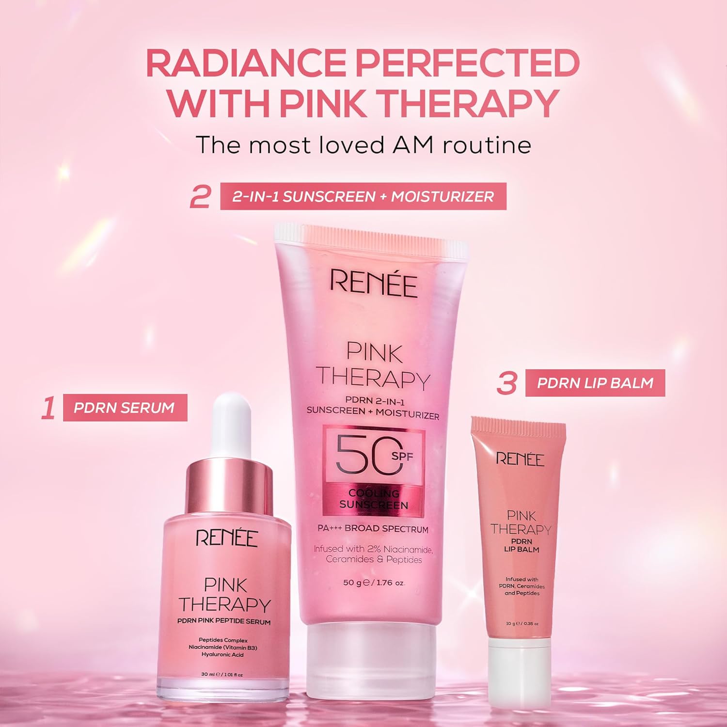 RENEE Pink Therapy PDRN 2-in-1 Sunscreen + Moisturizer SPF 50 PA+++ | In-Vivo Tested | with Niacinamide | Broad Spectrum UVA & UVB Protection | No Visible White Cast | Evens Skin Tone | 50g