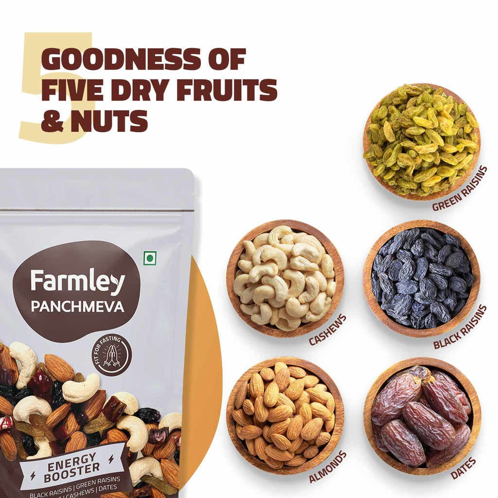 Farmley Panchmeva Dry Fruits Mix, 160g, I Fit for Fasting | Healthy Snacks Mixed Nuts Cotain Almonds, Cashews, Dates, Black Raisin, Green Raisin